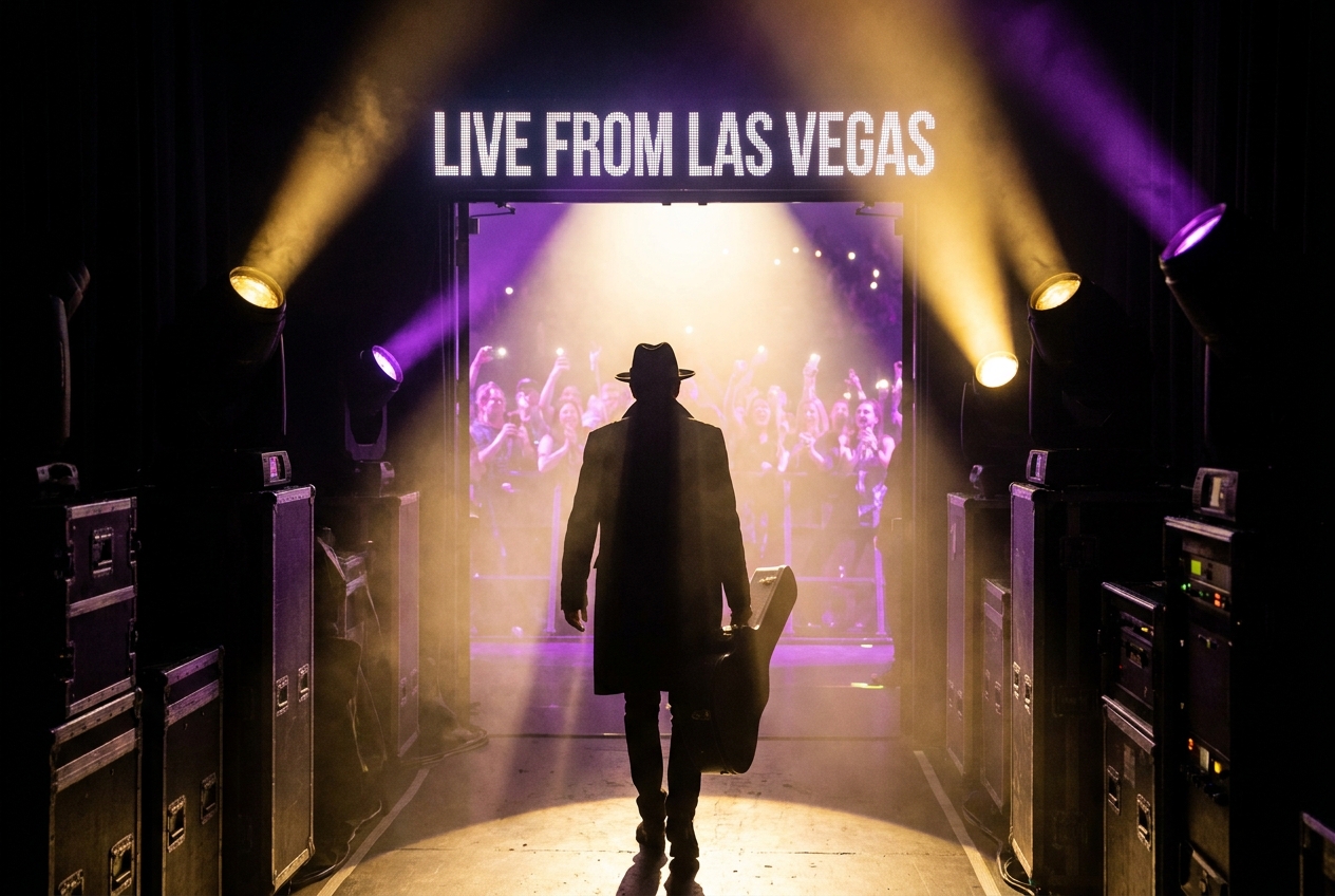 Performer holding a guitar walking from backstage toward the stage lights, ready to Take The Stage LV audition floor