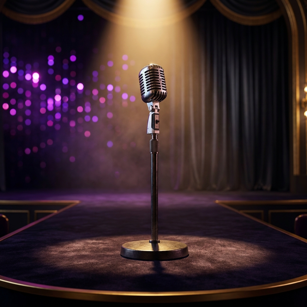 Vintage chrome microphone lit by a gold spotlight, evoking a Las Vegas headliner residency